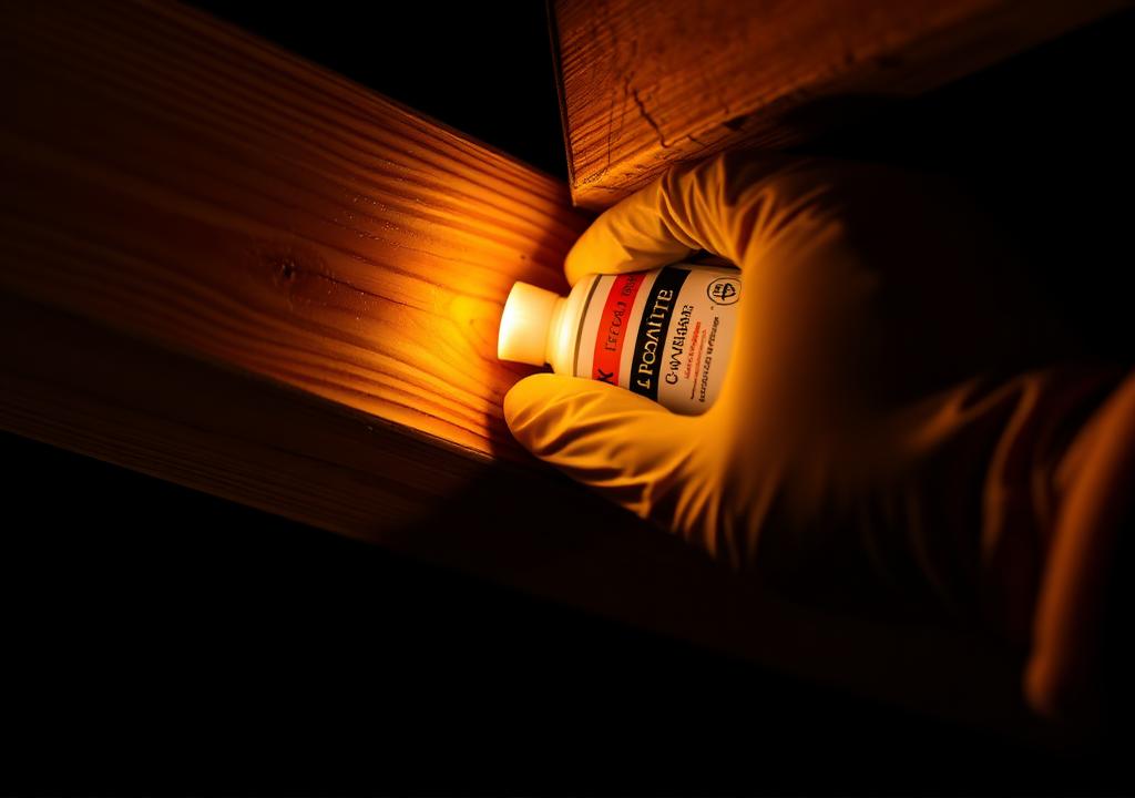 Aplicação de gel cupinicida em viga de madeira durante descupinização