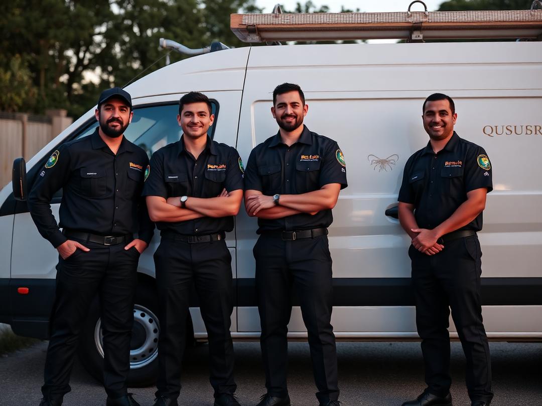 Equipe de técnicos da Biotec uniformizada ao lado do veículo de atendimento